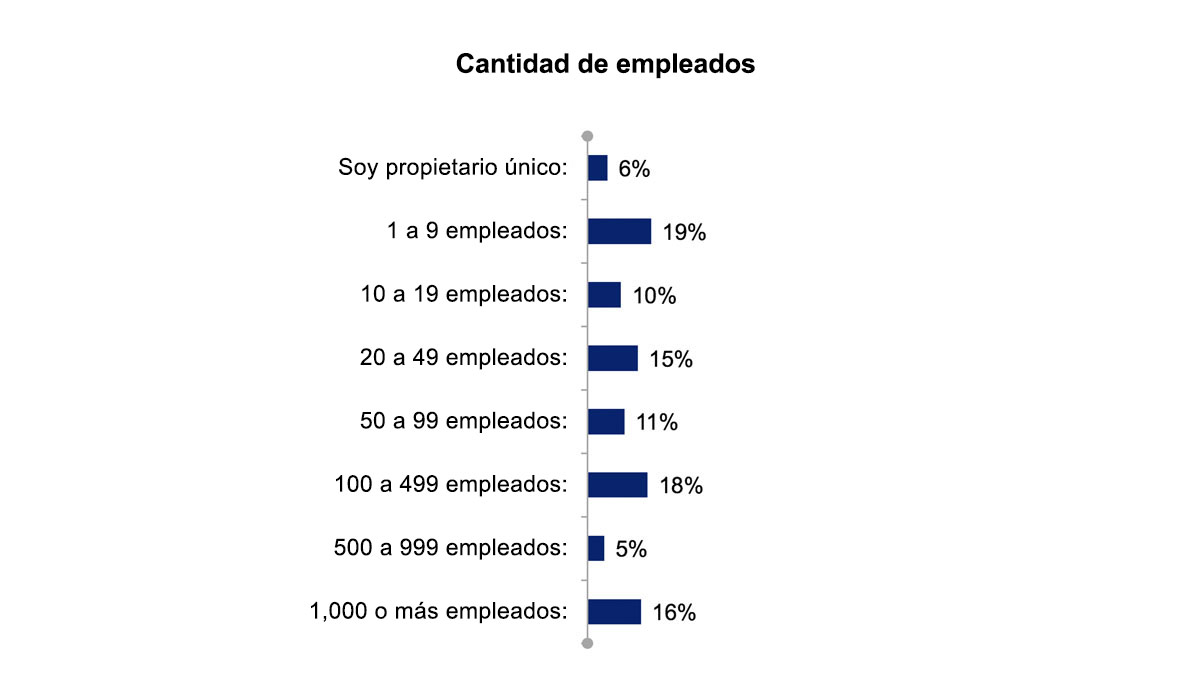 Propietario único: 6%; entre 1 y 9 empleados: 19%; entre 10 y 19 empleados: 10%; entre 20 y 49 empleados: 15%; entre 50 y 99 empleados: 11%; entre 100 y 499 empleados: 18%; entre 500 y 999 empleados: 5%; 1,000 o más empleados: 16%