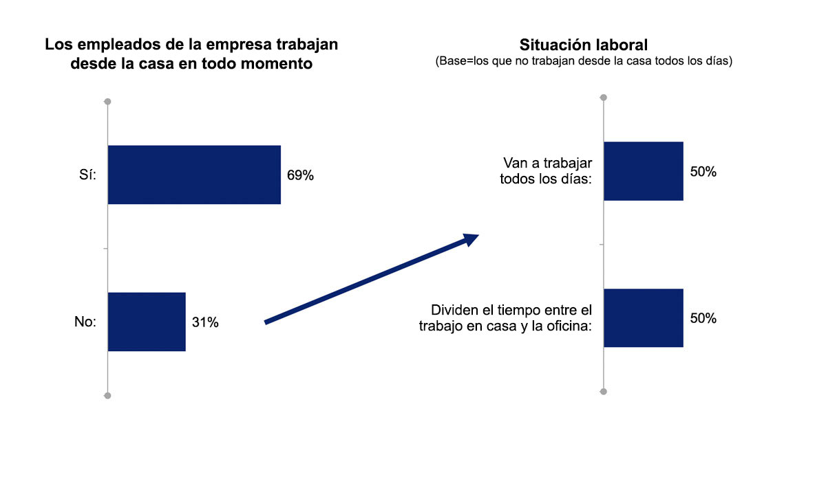 Empleados que trabajan desde casa: sí: 69%; no: 31%. Situación laboral (la base está compuesta por aquellos que no trabajan desde la casa todos los días): asisten a la empresa todos los días: 50%; dividen el tiempo entre el trabajo en casa y la oficina: 50%